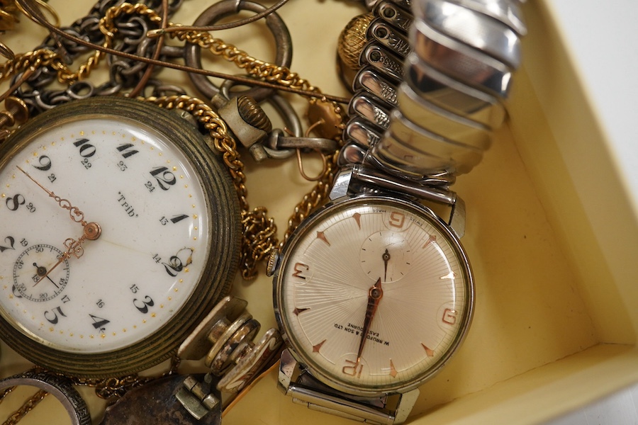 A collection of mixed costume and other jewellery, including a 9ct bar brooch, a 9ct cross pendant, a yellow metal oval locket, a Victorian white metal aesthetic locket, on a silver albert, a Swiss 935 fob watch, gentlem